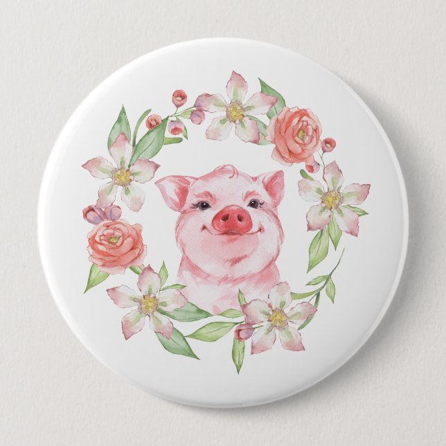 Badge Rond 10 Cm Cochon et fleurs (Devant)