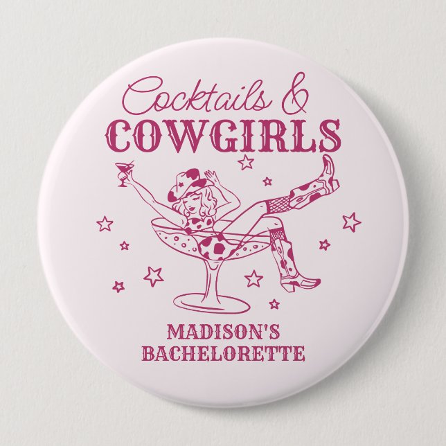 Badge Rond 10 Cm Cocktails roses et Cowgirls Bachelorette Faveurs (Devant)