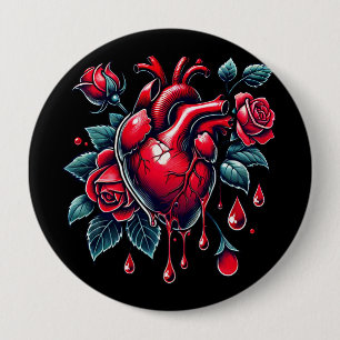 Badge Rond 10 Cm Cœur saignant aux roses rouges art goh rupture amo