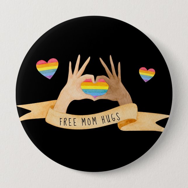 Badge Rond 10 Cm Coeurs mains Libres Maman Hugs | Rainbow LGBTQ Pri (Devant)