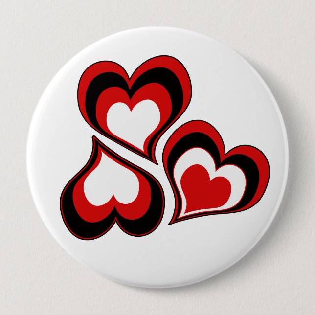 Badge Rond 10 Cm Coeurs, rouge, noir, blanc, Saint Valentin. (Devant)