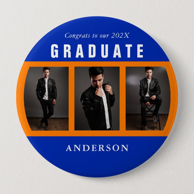 Badge Rond 10 Cm Collage photo de la graduation orange et bleu (Devant)