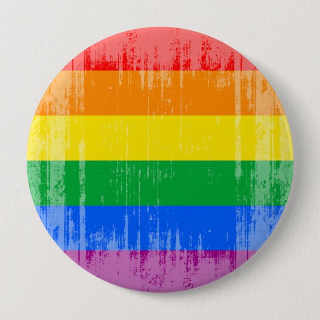 BADGE ROND 10 CM CONCEPTION AFFLIGÉE PAR RAYURES DE GAY PRIDE (Devant)