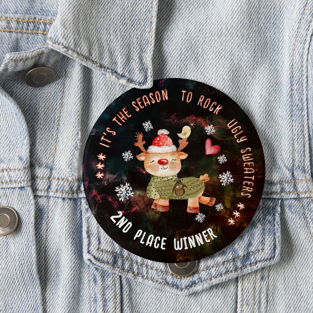 Badge Rond 10 Cm Concours de sueur moche 2e gagnant de la place - R (Ugly Sweater Contest 2nd Place Winner- Reindeer Button)