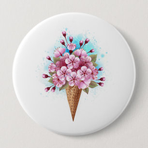 Badge Rond 10 Cm Cône rose Sakura crème glacée gaufre