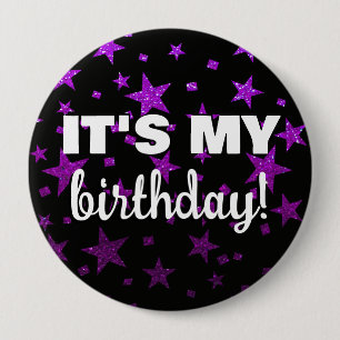 Badge Rond 10 Cm Confettis Étoiles Pailletées Violettes C'est Mon A