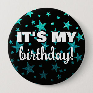 Badge Rond 10 Cm Confettis Etoiles Paillettes Turquoise C'est Mon A