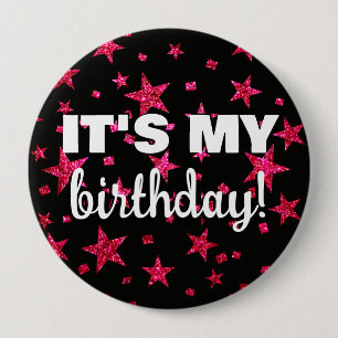 Badge Rond 10 Cm Confettis Étoiles Rose Chaud et Noir C'est Mon Ann