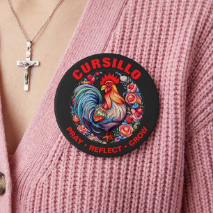 Badge Rond 10 Cm Coq Cursillo avec Roses Priez Réfléchissez Grandis