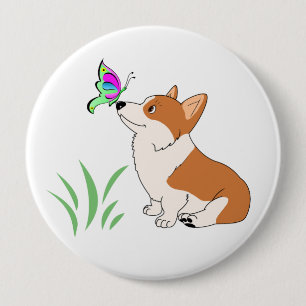 Badge Rond 10 Cm Corgi de Gallois de Pembroke avec le papillon