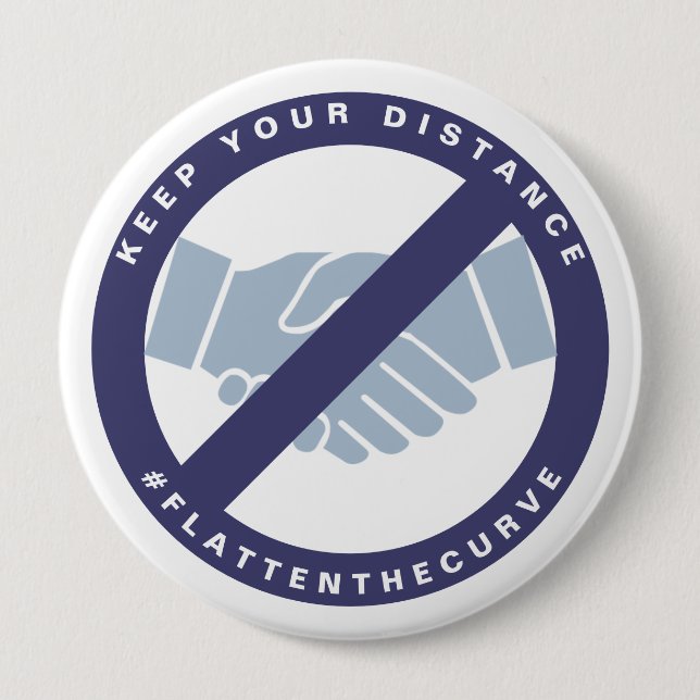 Badge Rond 10 Cm Coronavirus No Handshake #FLATTENTHECURVE Blue (Devant)