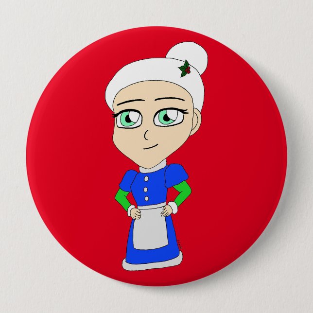 Badge Rond 10 Cm Costume bleu Mme Claus Chibi (Devant)