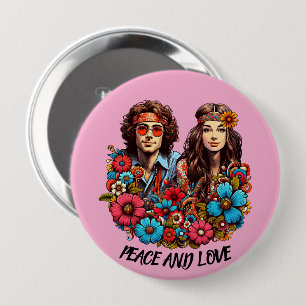 Badge Rond 10 Cm Couple hippie des années 1960 enfant des fleurs Pa