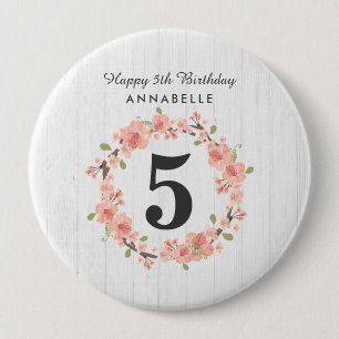 Badge Rond 10 Cm Couronne florale en bois blanc et pêche Joyeux Ann