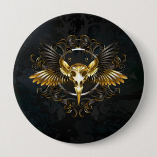 Badge Rond 10 Cm Crâne d'oiseaux dorés sur arrière - plan noir