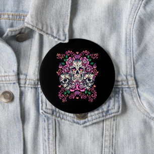 Badge Rond 10 Cm Crâne floral, squelette aquarelle rose, Halloween.