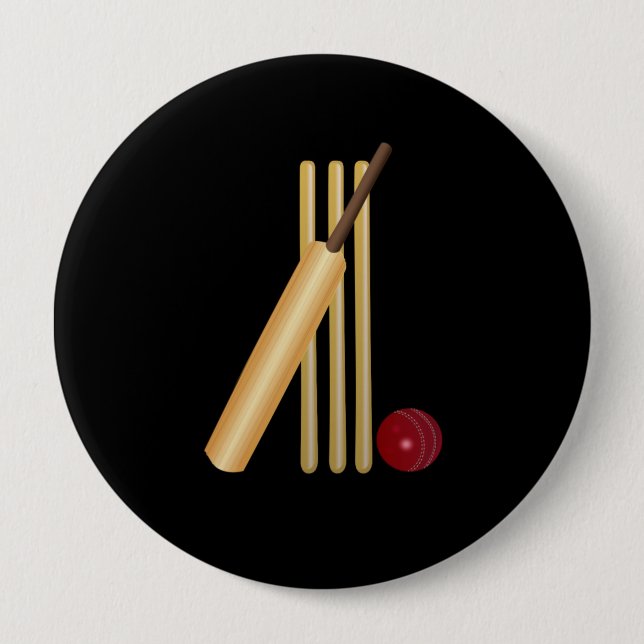Badge Rond 10 Cm Cricket - Guichet, Batte et Balle (Devant)
