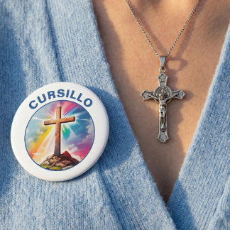 Badge Rond 10 Cm Croix en bois de Cursillo avec arc-en-ciel et nuag