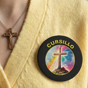 Badge Rond 10 Cm Croix en bois de Cursillo avec arc-en-ciel et nuag