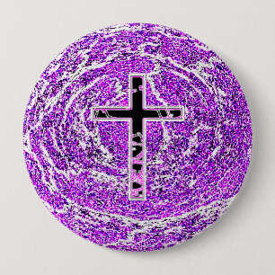 BADGE ROND 10 CM CROIX NOIRE ET ROSE AVEC ARRIÈRE - PLAN VIOLET