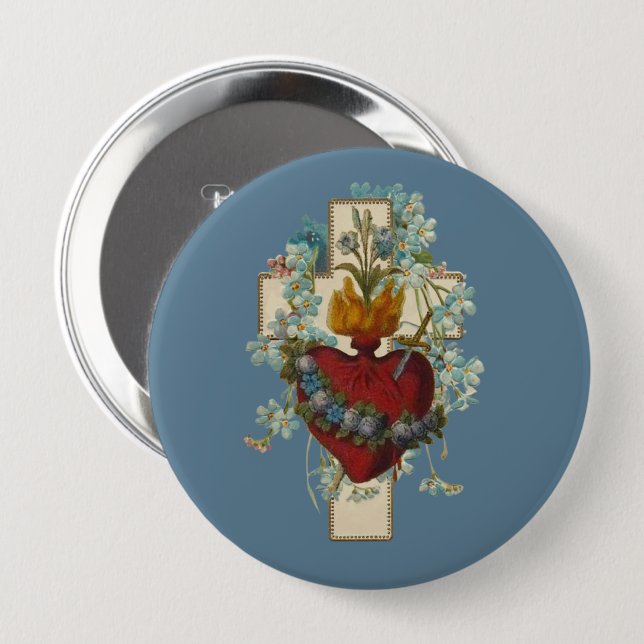 Badge Rond 10 Cm Croix Vierge Marie Immaculée Coeur Classe religieu (Devant & derrière)