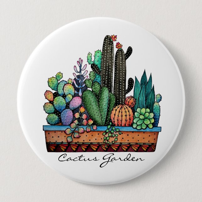 Badge Rond 10 Cm Cute Watercolor Cactus Garden (Devant)
