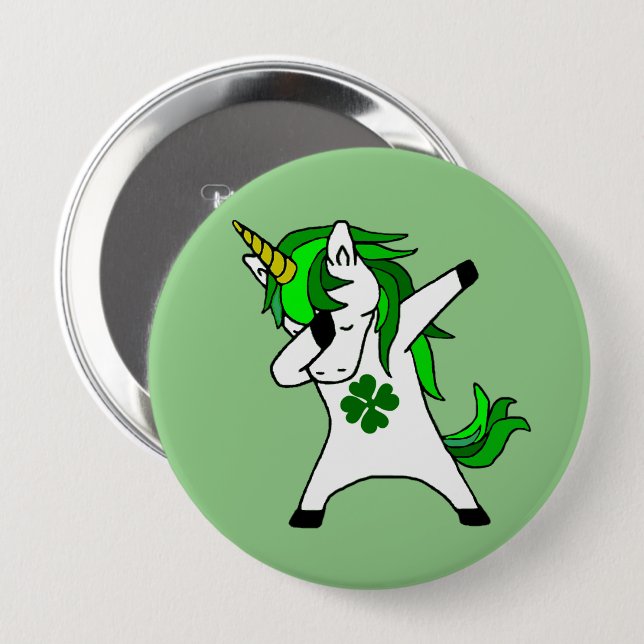 Badge Rond 10 Cm Dabbing Green Unicorn St. Patrick's day Clover (Devant & derrière)