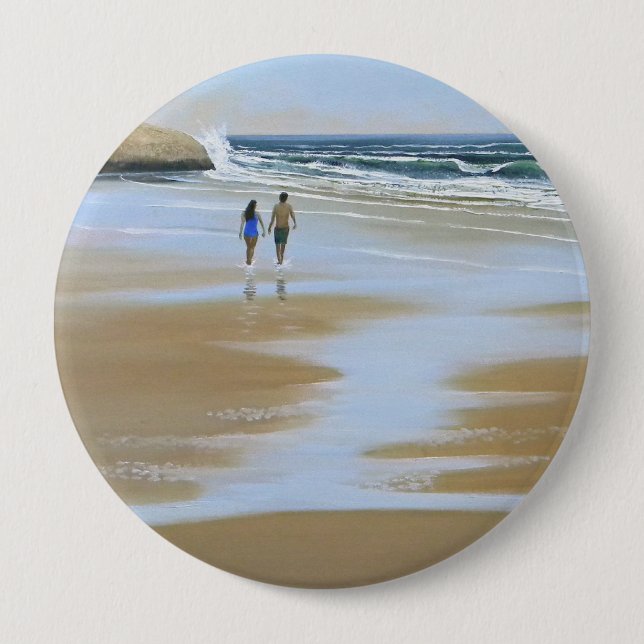 Badge Rond 10 Cm ~ de bouton marchant la plage (Devant)