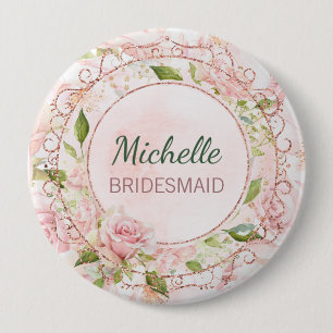 Badge Rond 10 Cm Demoiselle d'honneur Aquarelle Rose Gold Rose Flor