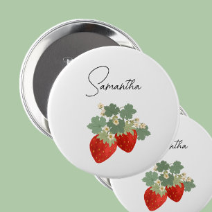 Badge Rond 10 Cm Deux fraises rouges avec feuilles et fleurs   Frui