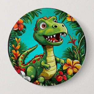 Badge Rond 10 Cm Dinosaure adorable entouré de fleurs colorées