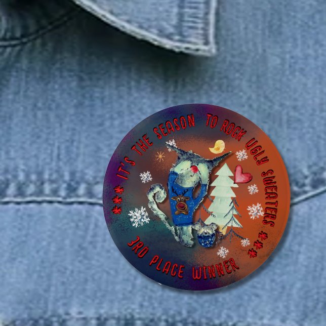 Badge Rond 10 Cm Doux moche 3e gagnant Chat et souris (Ugly Sweater 3rd Winner Cat & Mouse Button on shirt)