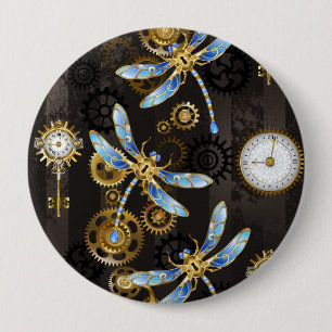 Badge Rond 10 Cm Dragonflies de Steampunk sur arrière - plan rayé b