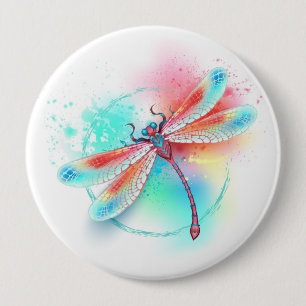 Badge Rond 10 Cm Dragonfly rouge sur l'arrière - plan aquarelle