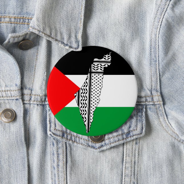 Badge Rond 10 Cm Drapeau de Palestine et carte avec Keffiyeh Motif (En situation)