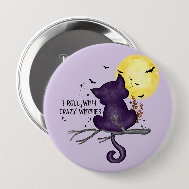 Badge Rond 10 Cm Drôle Halloween Chat noir et Lune magique (Devant & derrière)
