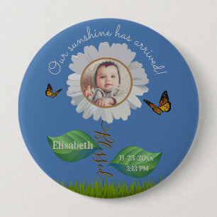 Badge Rond 10 Cm Elégant Daisy Blue Floral Cute Baby Photo & Nom