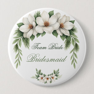 Badge Rond 10 Cm Elégant Magnolia Blanc Mariage Hiver Pine Tree