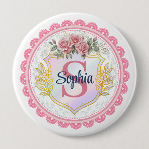 Badge Rond 10 Cm Élégant Monogramme Fleurie en Dentelle Rose Person