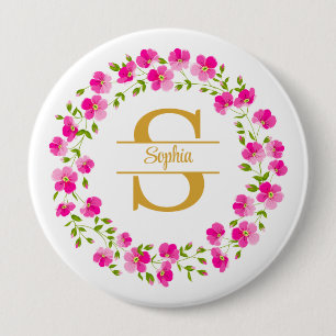 Badge Rond 10 Cm Élégante broche monogramme floral rose et nom
