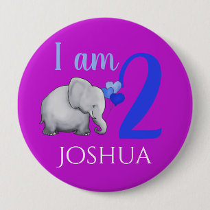 Badge Rond 10 Cm Eléphant pourpre Nom personnalisé et âge 2e ann