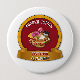 Badge Rond 10 Cm Fast Food Company Red Golden Yellow Custom Logo