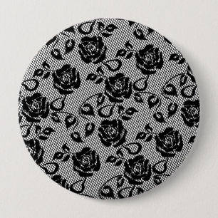 Badge Rond 10 Cm Faux Black Lace Rose Fishnet Bouton Cadeau