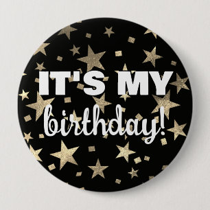 Badge Rond 10 Cm Faux Étoiles Dorées Confettis Noirs C'est Mon Anni