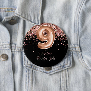 Badge Rond 10 Cm Fête d'anniversaire 9 ans Rose Gold Noir