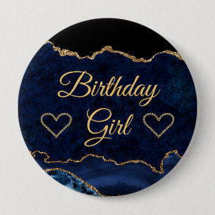 Badge Rond 10 Cm Fille d'anniversaire en marbre agate pailleté bleu