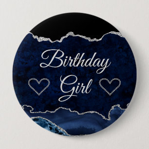 Badge Rond 10 Cm Fille d'anniversaire en marbre d'agate bleu et arg
