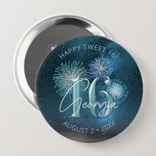 Badge Rond 10 Cm Fireworks Sweet 16 ID Turquoise984