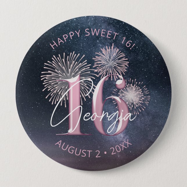 Badge Rond 10 Cm Fireworks Sweet 16 Midnight Blush ID984 (Devant)