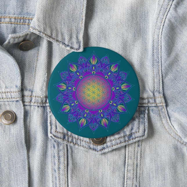 Badge Rond 10 Cm Fleur de Vie - Mandala Indien 3 (En situation)